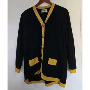 VTG Laura by Alyzia Knit Sweater Womens 14 Cardigan Black Yellow Old Money 80s